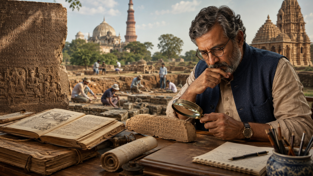 Historian examining an ancient inscribed tablet with manuscripts and an archaeological excavation in the background, symbolizing evidence-based re-examination of Indian history.
